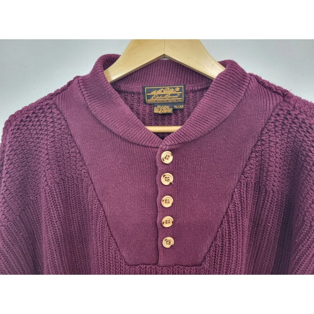 Eddie Bauer Mens Burgundy‎ Knit Pullover Sweater Shawl Collar Buttons XL - Picture 2 of 6